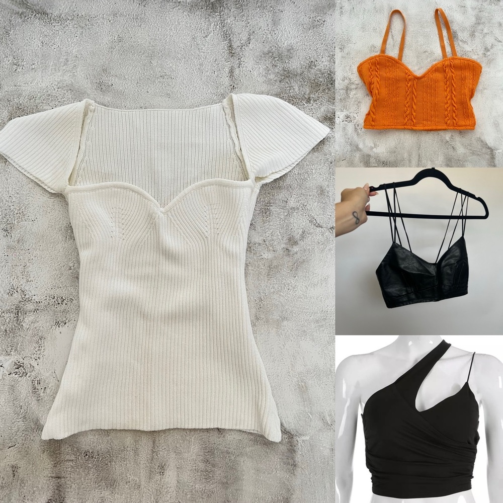 Set of 4 four tops. Elegant White Ribbed Knit Top. Leather crop top, orange